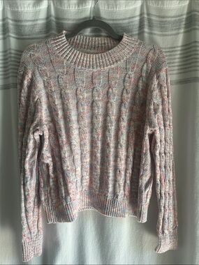 J. Crew Pink and White Cable Knit Crewneck Sweater